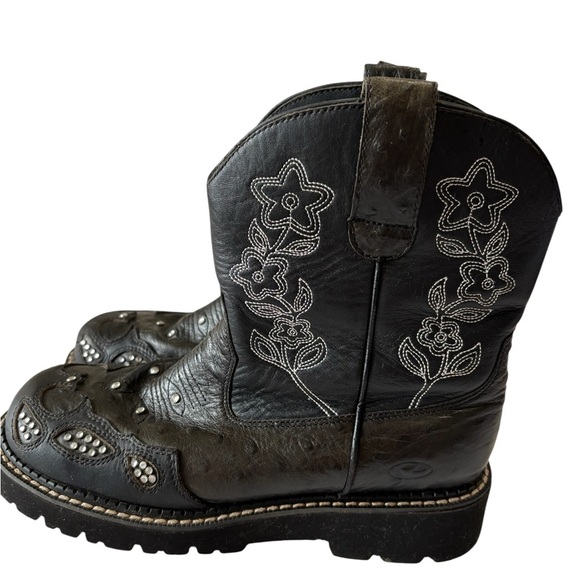 Roper Black Leather Cowboy Boots Rhinestones Lug soles Western Size 9 - Picture 3 of 12